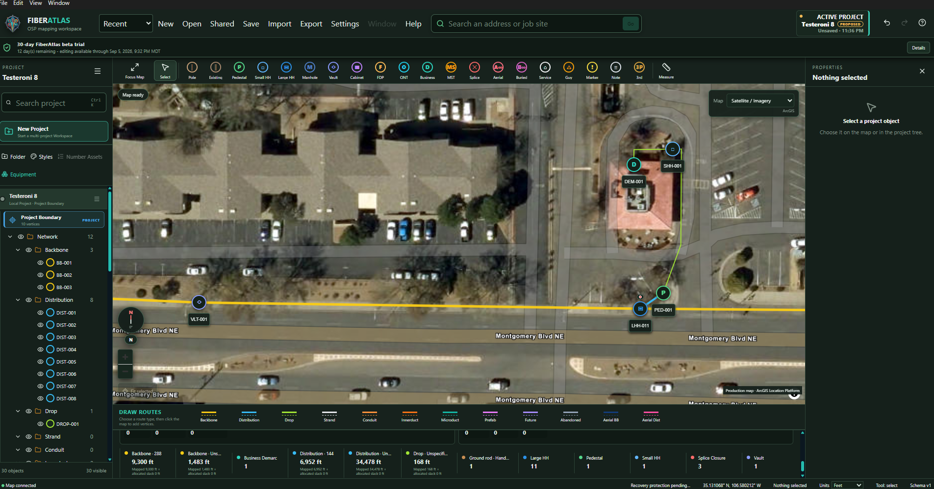 FiberAtlas desktop workspace with project tree, mapped OSP routes, drawing tools and properties