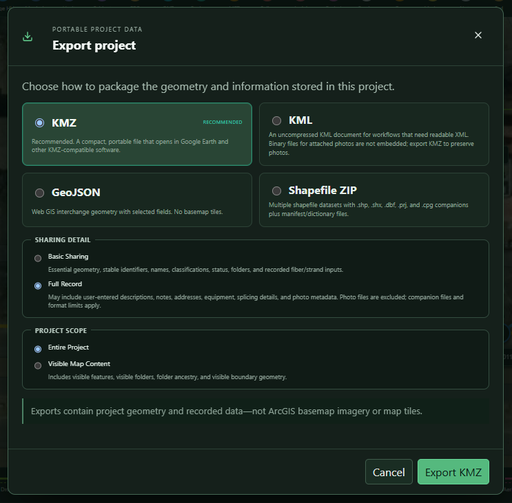 FiberAtlas export project controls for KMZ, KML, GeoJSON, Shapefile ZIP, sharing detail, and project scope