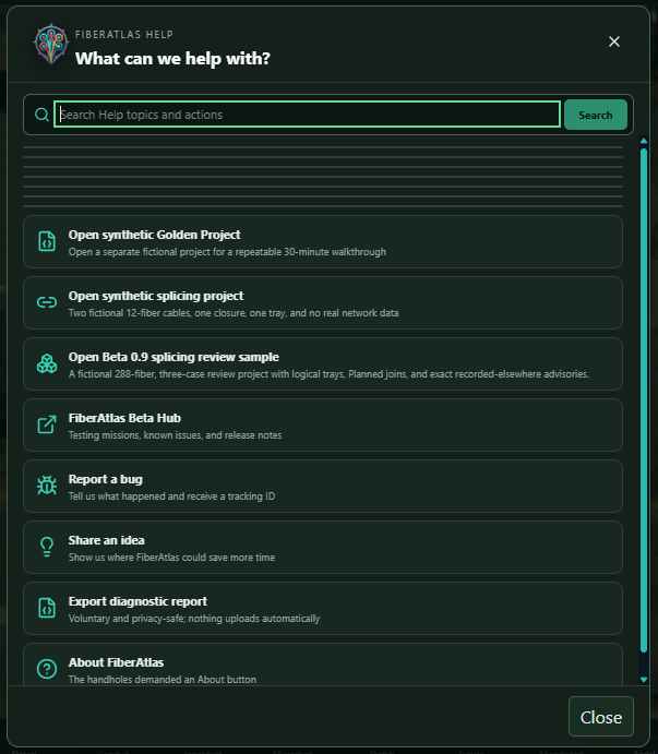 FiberAtlas help center showing synthetic walkthrough projects, Beta Hub, bug reporting, ideas, and diagnostics