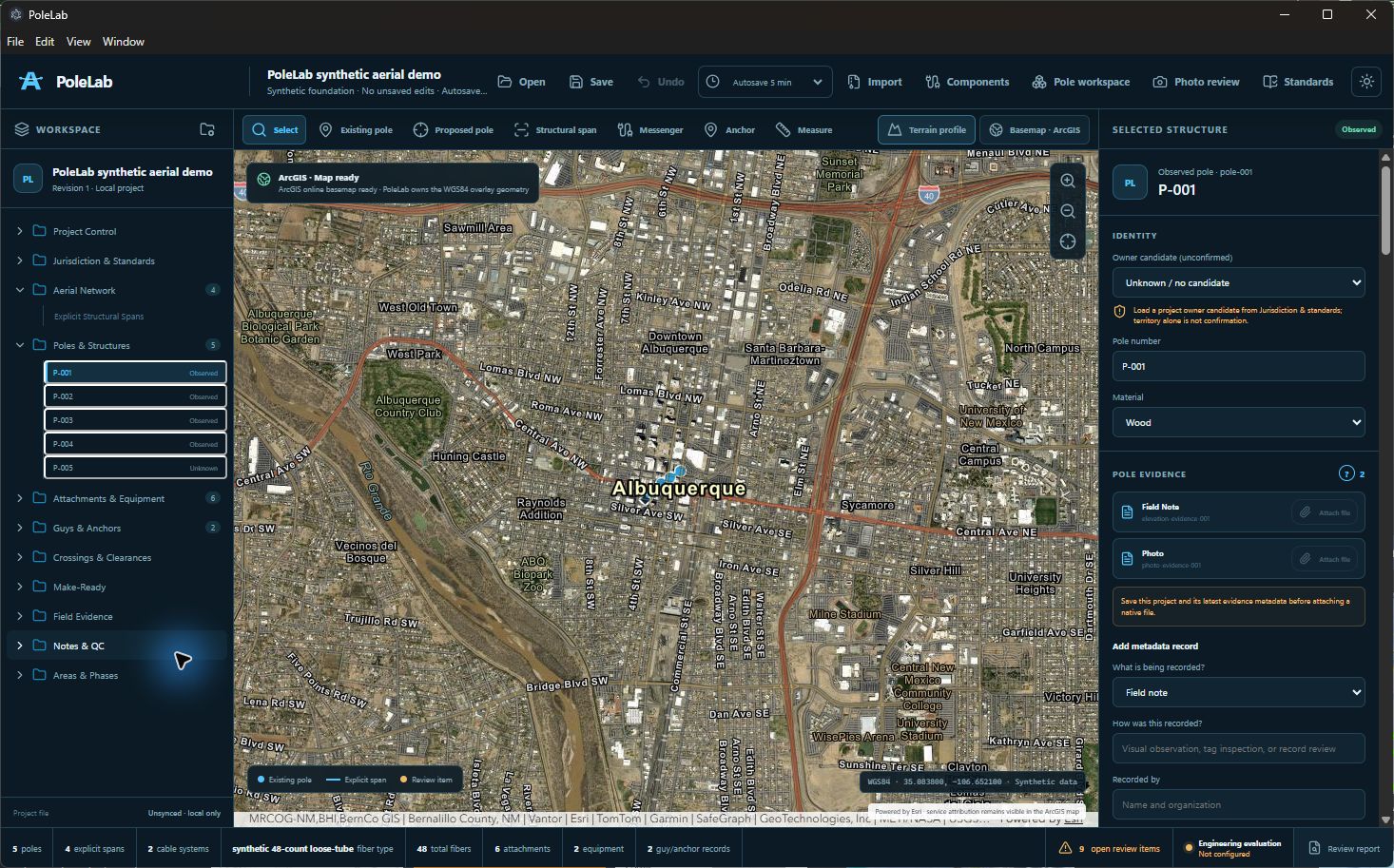 PoleLab aerial mapping workspace showing a live imagery basemap, a mapped pole line, project records, and drawing tools