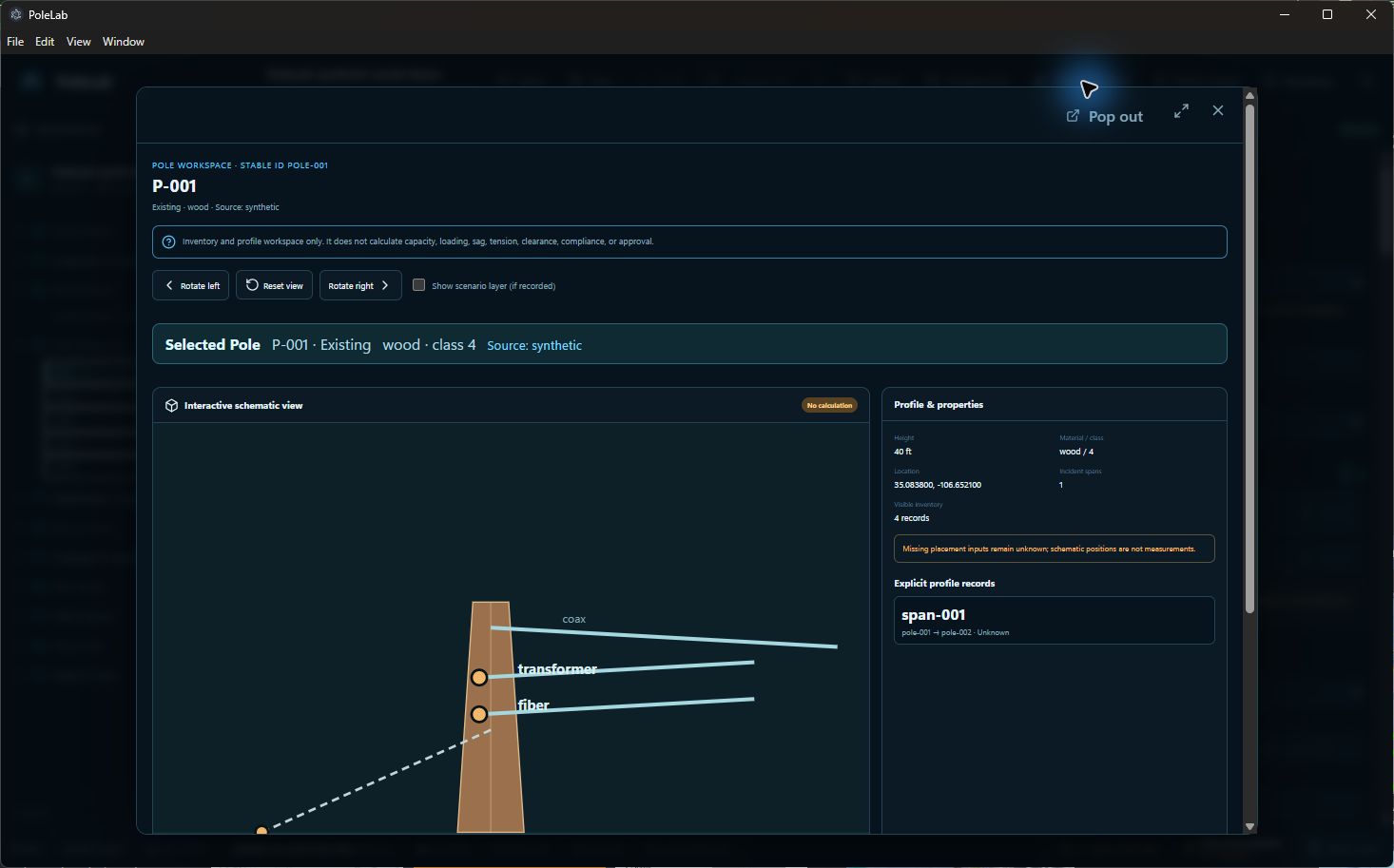 PoleLab pole workspace showing a focused pole schematic, spans, attachments, and structure records