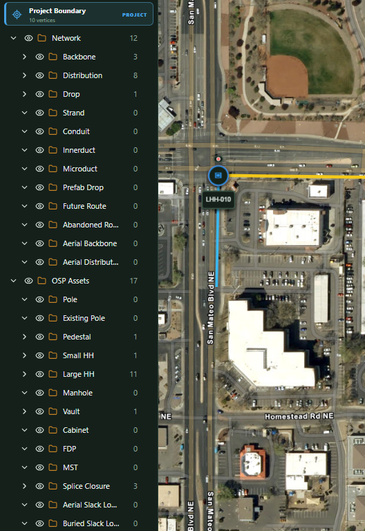 FiberAtlas project tree beside the mapped route, organizing network routes and OSP asset categories with recorded item counts