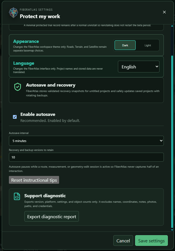 FiberAtlas settings showing appearance, language, autosave, recovery, and support diagnostic controls